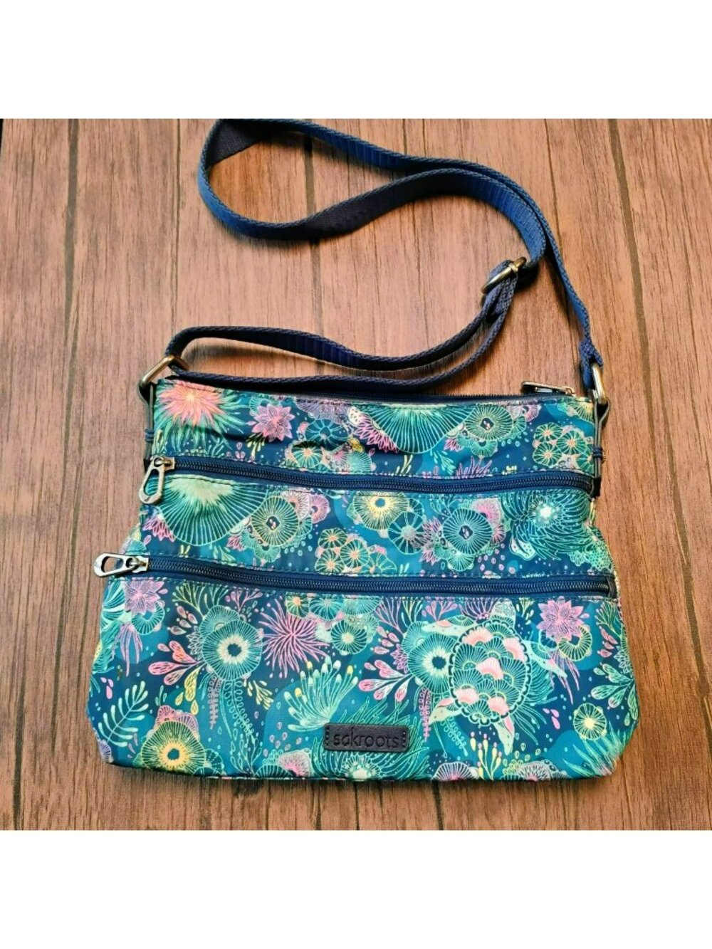 Sakroots Floral Print Adjustable Crossbody Bag With Multiple Zipper Pockets